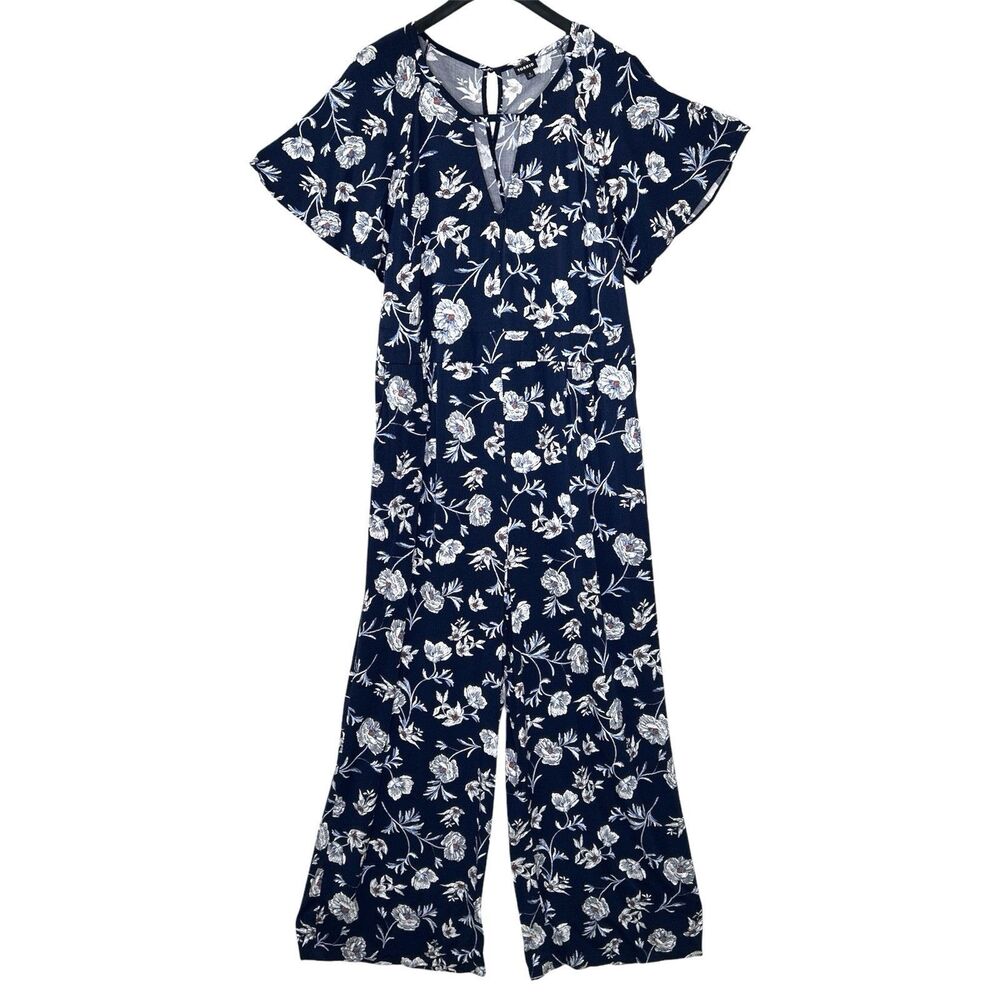 Torrid Navy White Floral Jumpsuit Women's Size 3X Rayon Challis Flutter Sleeve